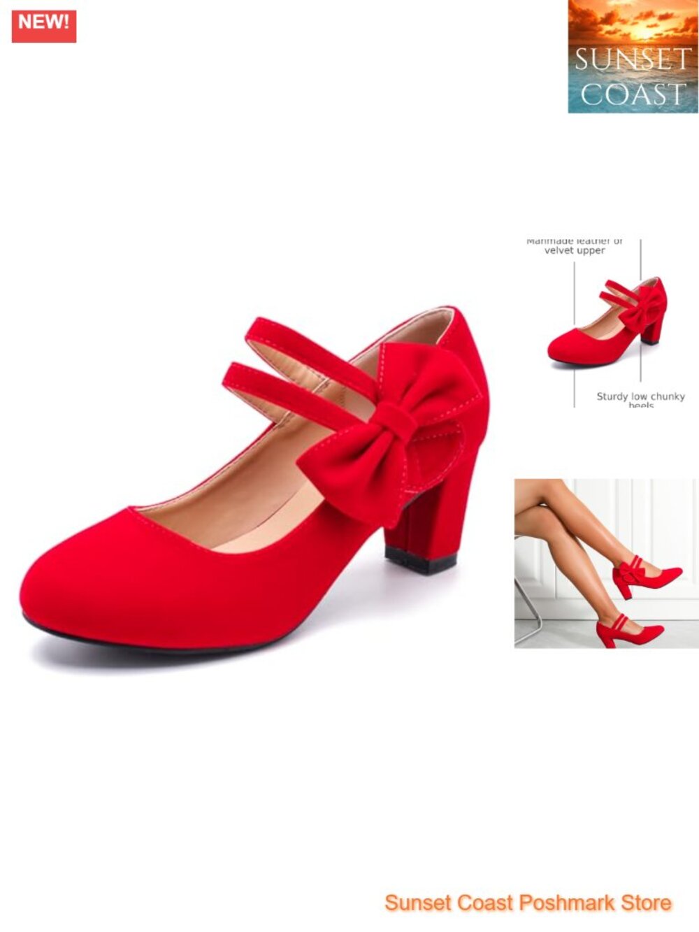 Women's Mary Jane Heels with Bow Low Chunky Block Heel Double Ankle Strap Pumps